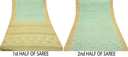 Indian Vintage Sari Green & Beige Pure Silk Printed Sarees Craft Fabric 5yd Sewing Floral Dress Making Soft Crafting Quilting Upcycle