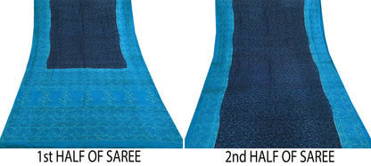 Indian Vintage Sari Blue Pure Silk Bandhani Printed Sarees Fabric 6yd Floral Sewing Traditional Culture Sari Ethnic Fabric