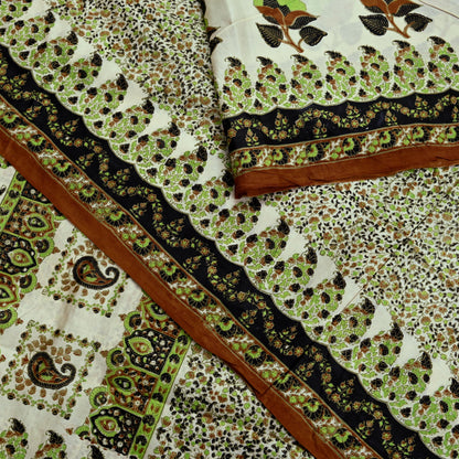 Indian Vintage Sari Ivory & Black Printed Pure Silk Sarees 6yd Sewing Craft Fabric DressMaking Soft Wrap Upcycle Quilting Crafting Used