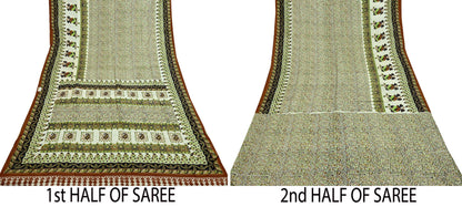 Indian Vintage Sari Ivory & Black Printed Pure Silk Sarees 6yd Sewing Craft Fabric DressMaking Soft Wrap Upcycle Quilting Crafting Used