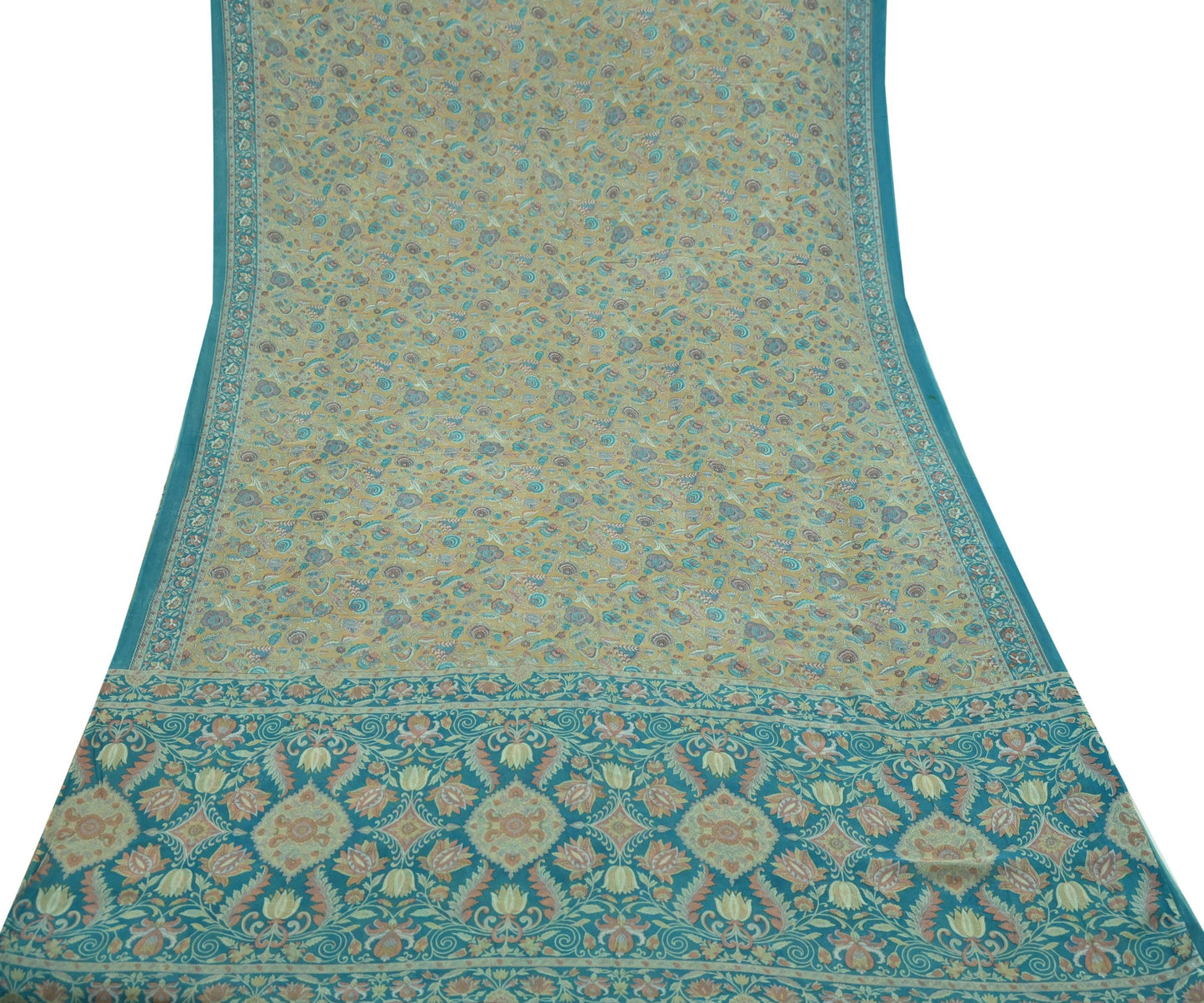 Indian Vintage Sari Beige & Blue Pure Georgette Silk Sarees Craft Fabric Sewing 5Yd Soft Light Dress Making Floral Upcycle Quilting Crafting