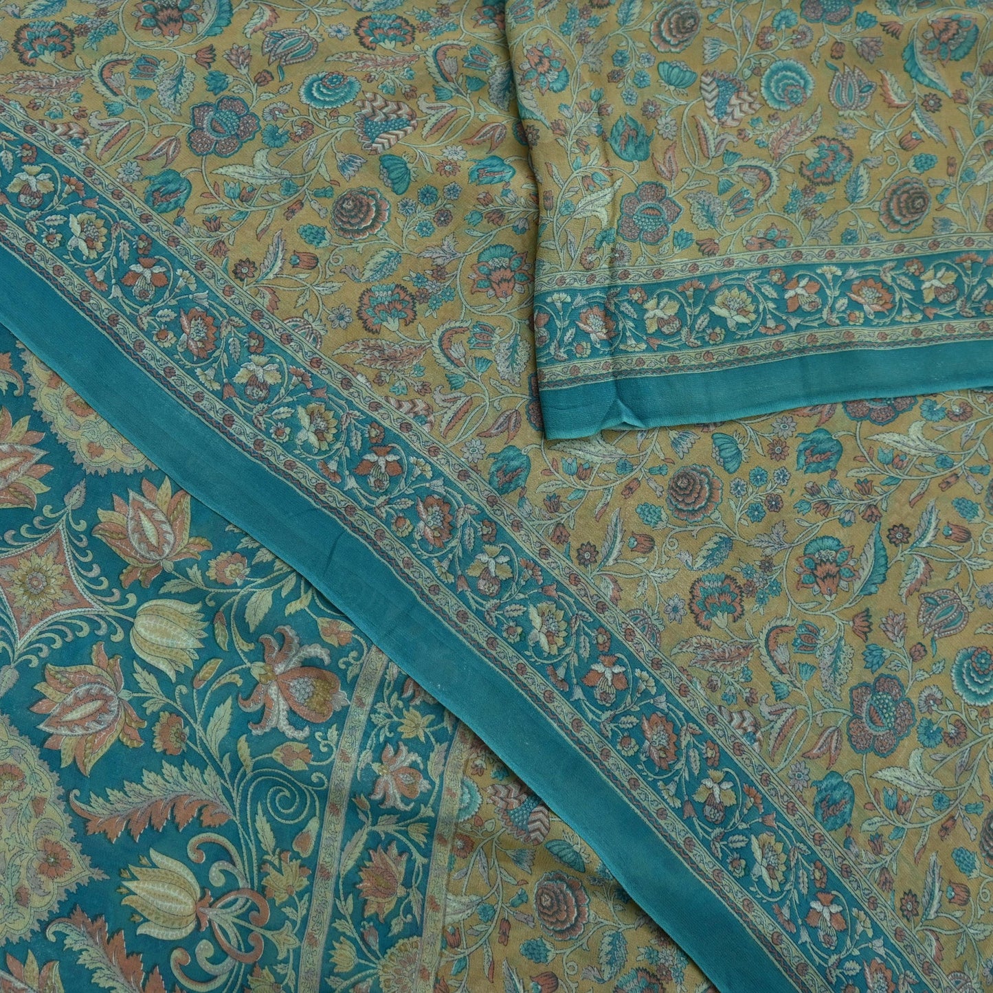 Indian Vintage Sari Beige & Blue Pure Georgette Silk Sarees Craft Fabric Sewing 5Yd Soft Light Dress Making Floral Upcycle Quilting Crafting