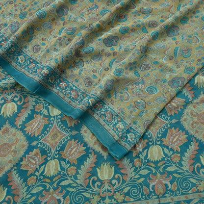 Indian Vintage Sari Beige & Blue Pure Georgette Silk Sarees Craft Fabric Sewing 5Yd Soft Light Dress Making Floral Upcycle Quilting Crafting