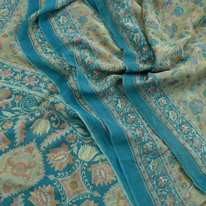 Indian Vintage Sari Beige & Blue Pure Georgette Silk Sarees Craft Fabric Sewing 5Yd Soft Light Dress Making Floral Upcycle Quilting Crafting