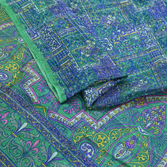 Indian Vintage Sari Green & Blue 100% Pure Silk Printed Sarees 5yd Sewing Craft Fabric Dress Making Soft Wrap Crafting Quilting Upcycle
