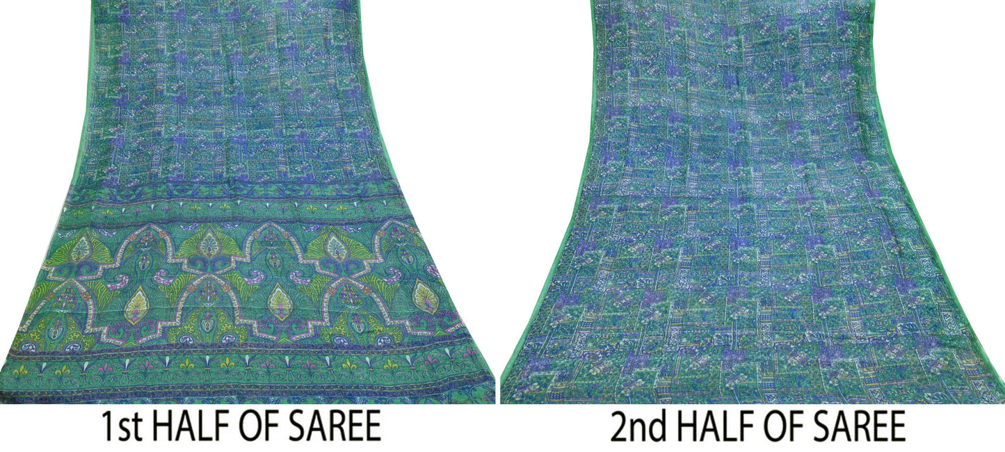 Indian Vintage Sari Green & Blue 100% Pure Silk Printed Sarees 5yd Sewing Craft Fabric Dress Making Soft Wrap Crafting Quilting Upcycle