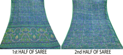 Indian Vintage Sari Green & Blue 100% Pure Silk Printed Sarees 5yd Sewing Craft Fabric Dress Making Soft Wrap Crafting Quilting Upcycle