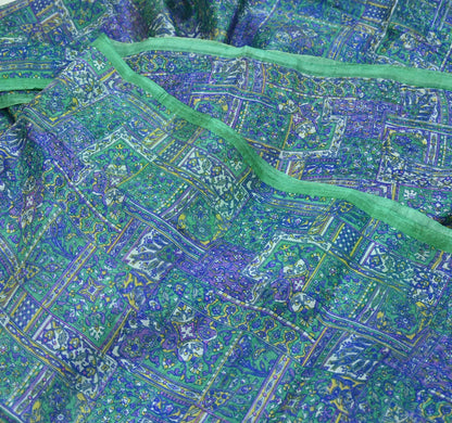 Indian Vintage Sari Green & Blue 100% Pure Silk Printed Sarees 5yd Sewing Craft Fabric Dress Making Soft Wrap Crafting Quilting Upcycle