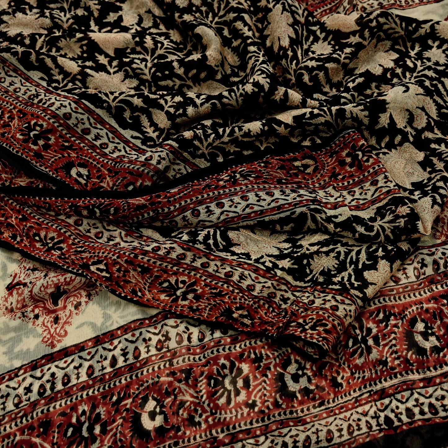 Indian Women Vintage Peach & Black Saree Pure Chiffon Silk Printed Sari Craft Fabric Sewing 6Yd Soft Light Sari Dress Making