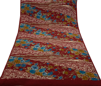 Indian Vintage Sari Maroon Pure Crepe Silk Printed Saree 5yd Sewing Floral Soft Craft Fabric Ethnic Wrap Dress making Crafting Quilting