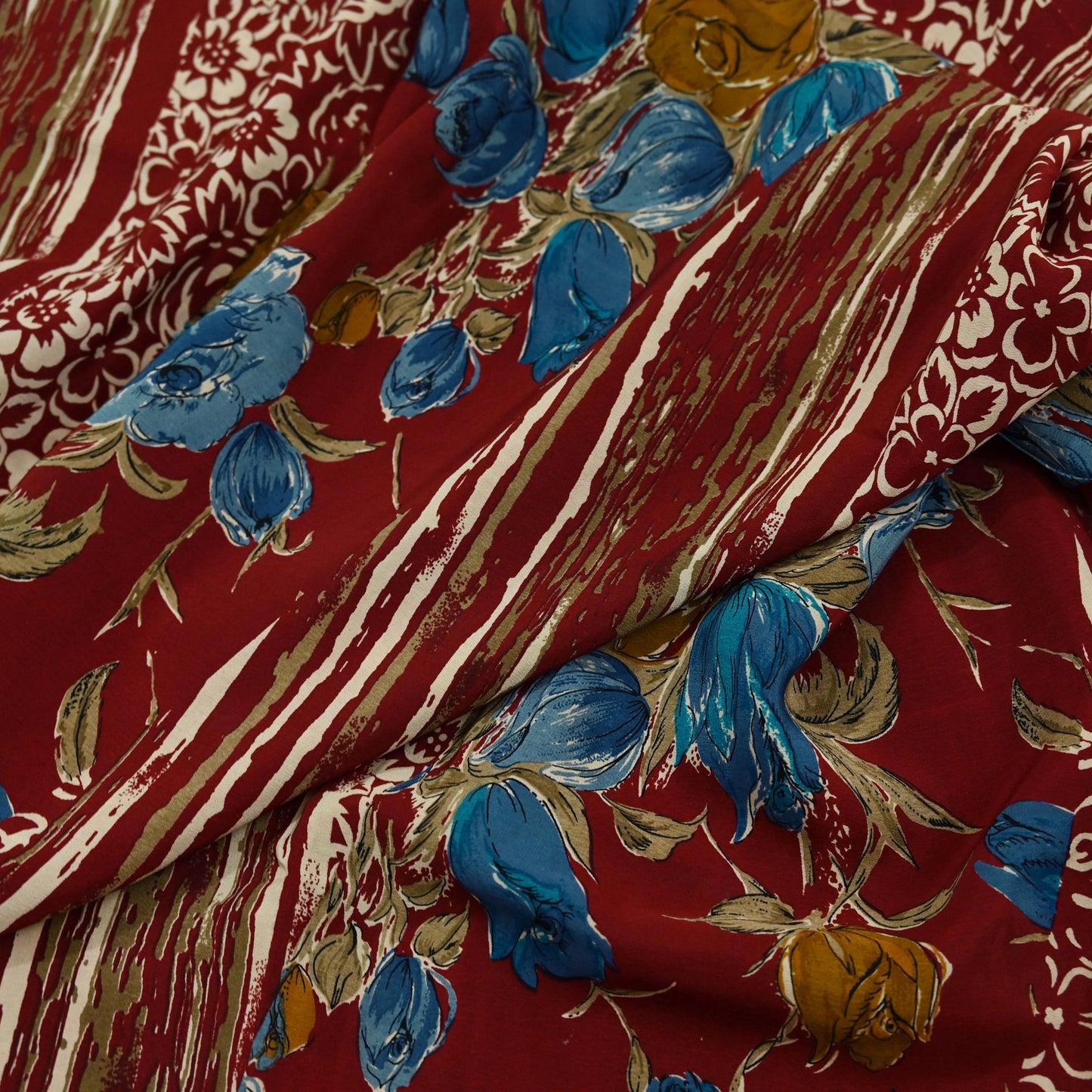 Indian Vintage Sari Maroon Pure Crepe Silk Printed Saree 5yd Sewing Floral Soft Craft Fabric Ethnic Wrap Dress making Crafting Quilting