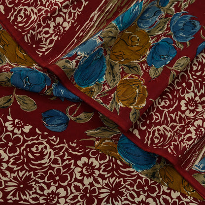 Indian Vintage Sari Maroon Pure Crepe Silk Printed Saree 5yd Sewing Floral Soft Craft Fabric Ethnic Wrap Dress making Crafting Quilting