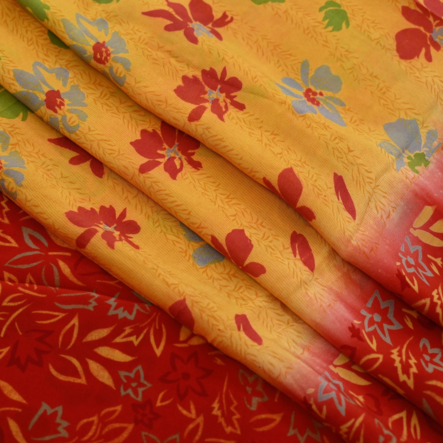 Indian Vintage Sari Mustard Pure Crepe Silk Printed Saree 5yd Sewing Floral Soft Craft Fabric Wrap Dress making Crafting Quilting