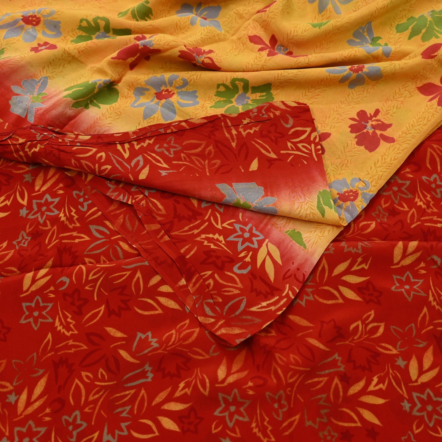Indian Vintage Sari Mustard Pure Crepe Silk Printed Saree 5yd Sewing Floral Soft Craft Fabric Wrap Dress making Crafting Quilting