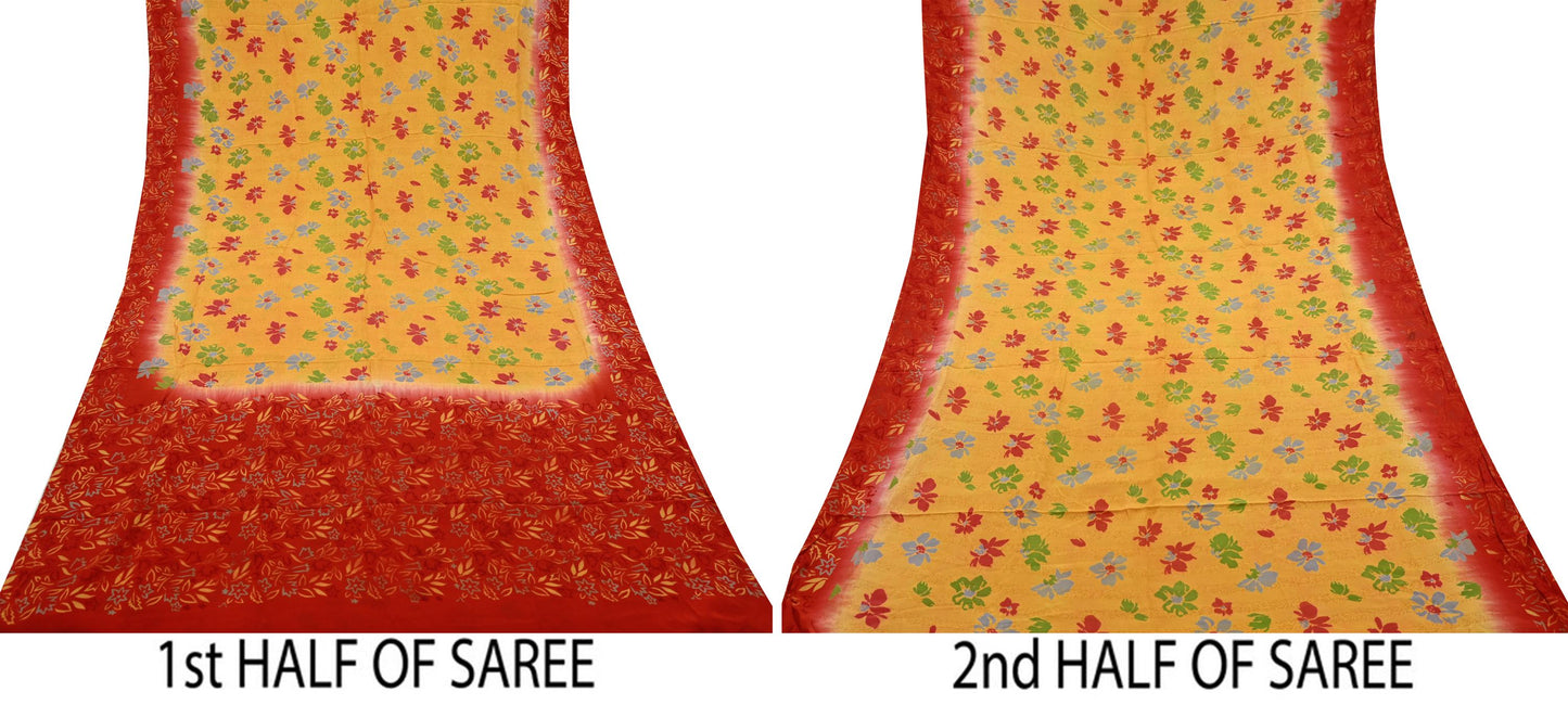 Indian Vintage Sari Mustard Pure Crepe Silk Printed Saree 5yd Sewing Floral Soft Craft Fabric Wrap Dress making Crafting Quilting