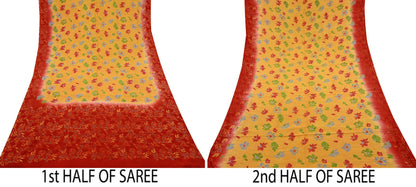 Indian Vintage Sari Mustard Pure Crepe Silk Printed Saree 5yd Sewing Floral Soft Craft Fabric Wrap Dress making Crafting Quilting