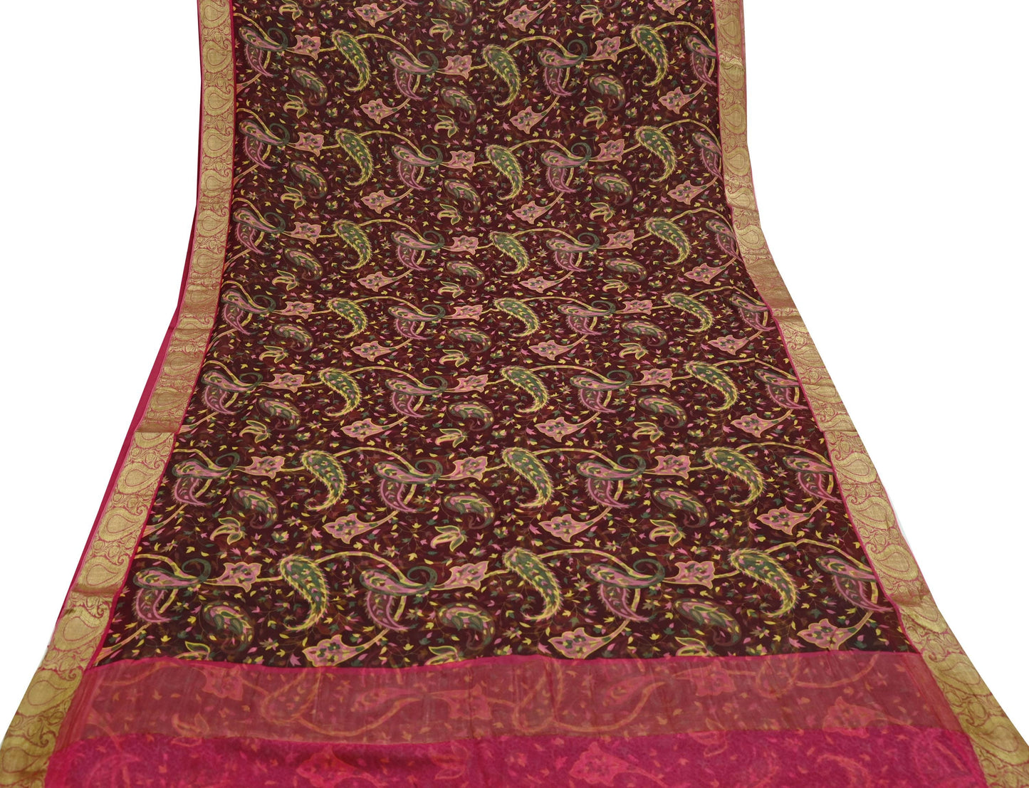 Women Vintage Sari Pink & Maroon Pure Chiffon Silk Printed Sarees Craft Fabric Sewing 6Yd Soft Light Sari Dress Making