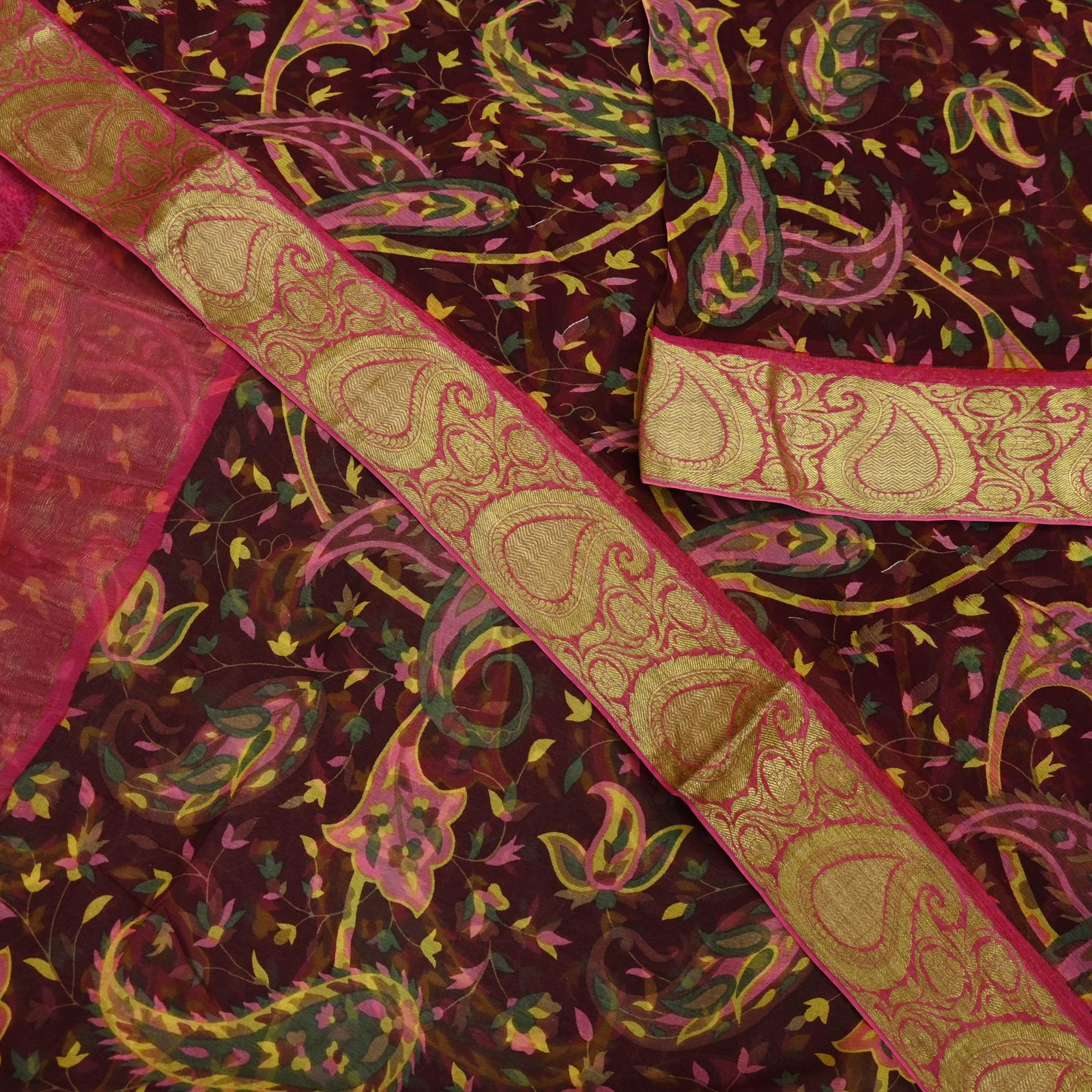 Women Vintage Sari Pink & Maroon Pure Chiffon Silk Printed Sarees Craft Fabric Sewing 6Yd Soft Light Sari Dress Making
