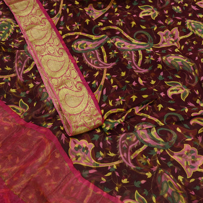 Women Vintage Sari Pink & Maroon Pure Chiffon Silk Printed Sarees Craft Fabric Sewing 6Yd Soft Light Sari Dress Making