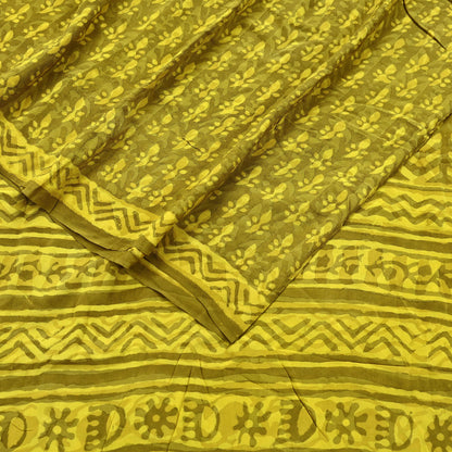 Indian Vintage Sari Yellow & Green Pure Crepe Silk Printed Sarees 5yd Sewing Floral Soft Craft Fabric Wrap Dress making Crafting Quilting