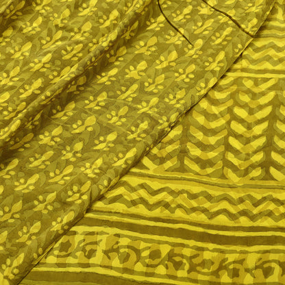 Indian Vintage Sari Yellow & Green Pure Crepe Silk Printed Sarees 5yd Sewing Floral Soft Craft Fabric Wrap Dress making Crafting Quilting