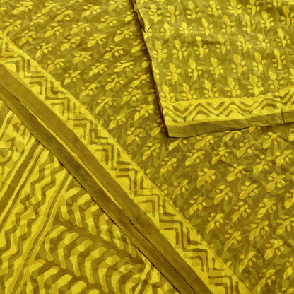 Indian Vintage Sari Yellow & Green Pure Crepe Silk Printed Sarees 5yd Sewing Floral Soft Craft Fabric Wrap Dress making Crafting Quilting