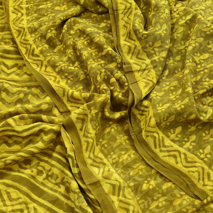 Indian Vintage Sari Yellow & Green Pure Crepe Silk Printed Sarees 5yd Sewing Floral Soft Craft Fabric Wrap Dress making Crafting Quilting