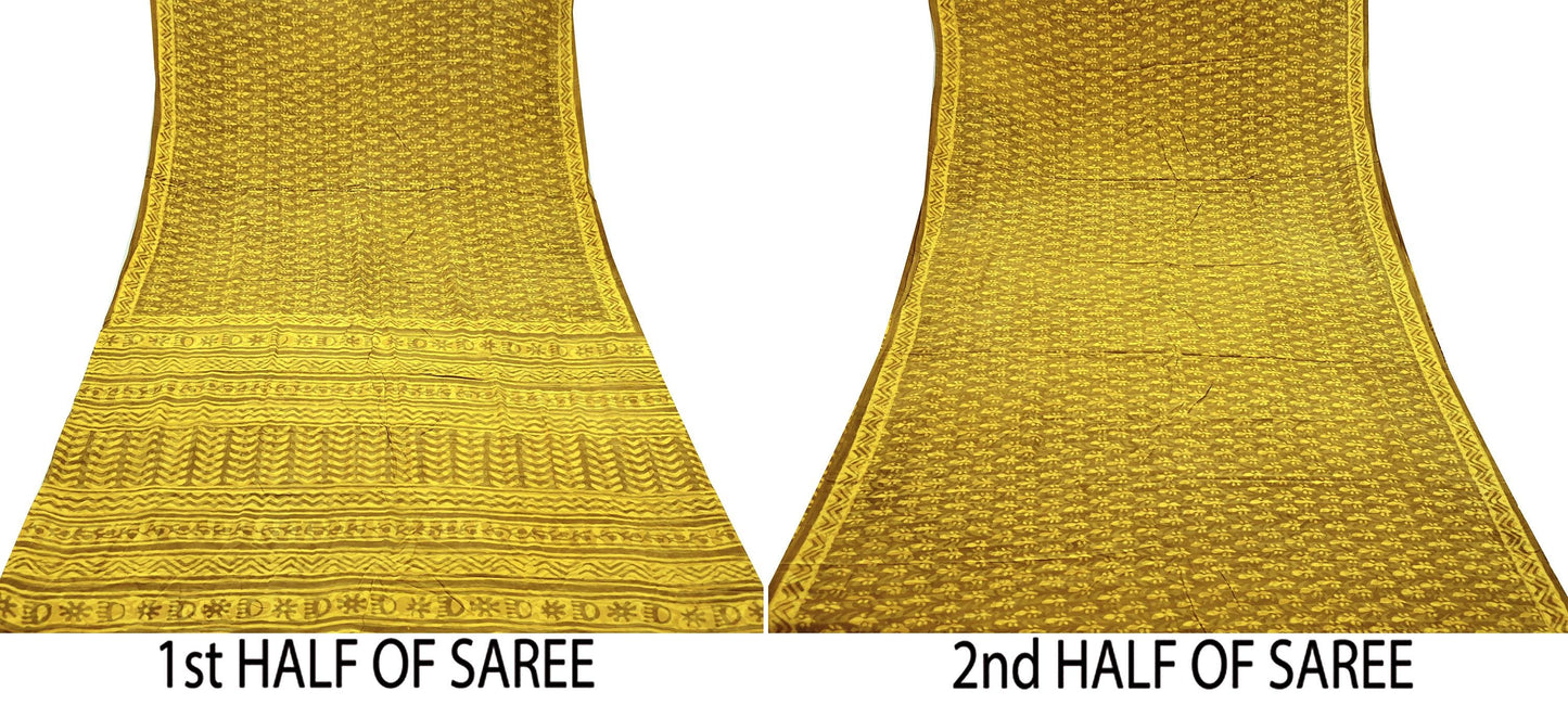 Indian Vintage Sari Yellow & Green Pure Crepe Silk Printed Sarees 5yd Sewing Floral Soft Craft Fabric Wrap Dress making Crafting Quilting
