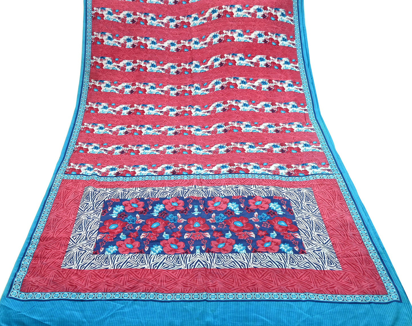 Indian Vintage Sari Blue & Pink Pure Crepe Silk Printed Saree 5yard Sewing Floral Soft Craft Fabric Wrap Dress making Crafting Quilting