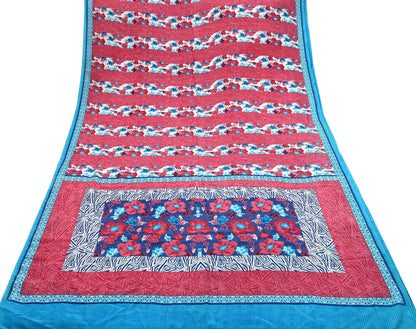 Indian Vintage Sari Blue & Pink Pure Crepe Silk Printed Saree 5yard Sewing Floral Soft Craft Fabric Wrap Dress making Crafting Quilting