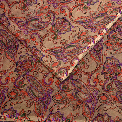 Women Vintage Sari Beige & Purple Pure Chiffon Silk Printed Saree Craft Fabric Sewing 6Yd Soft Light Sari Dress Making Floral