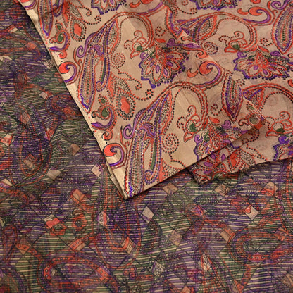 Women Vintage Sari Beige & Purple Pure Chiffon Silk Printed Saree Craft Fabric Sewing 6Yd Soft Light Sari Dress Making Floral