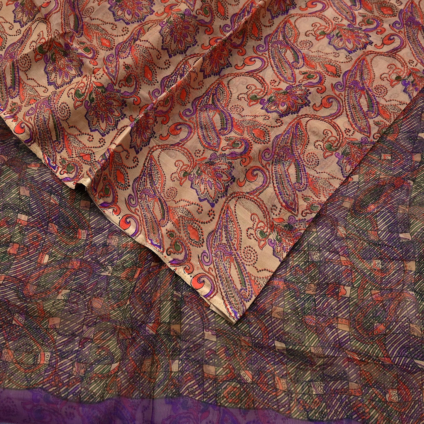 Women Vintage Sari Beige & Purple Pure Chiffon Silk Printed Saree Craft Fabric Sewing 6Yd Soft Light Sari Dress Making Floral