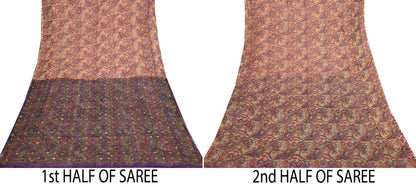 Women Vintage Sari Beige & Purple Pure Chiffon Silk Printed Saree Craft Fabric Sewing 6Yd Soft Light Sari Dress Making Floral