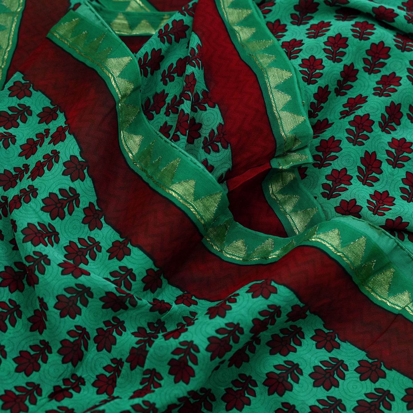 Indian Vintage Sari Green & Maroon Pure Georgette Silk Printed Sarees Craft Fabric Sewing 5Yd Soft Dress Making Crafting Quilting Zari