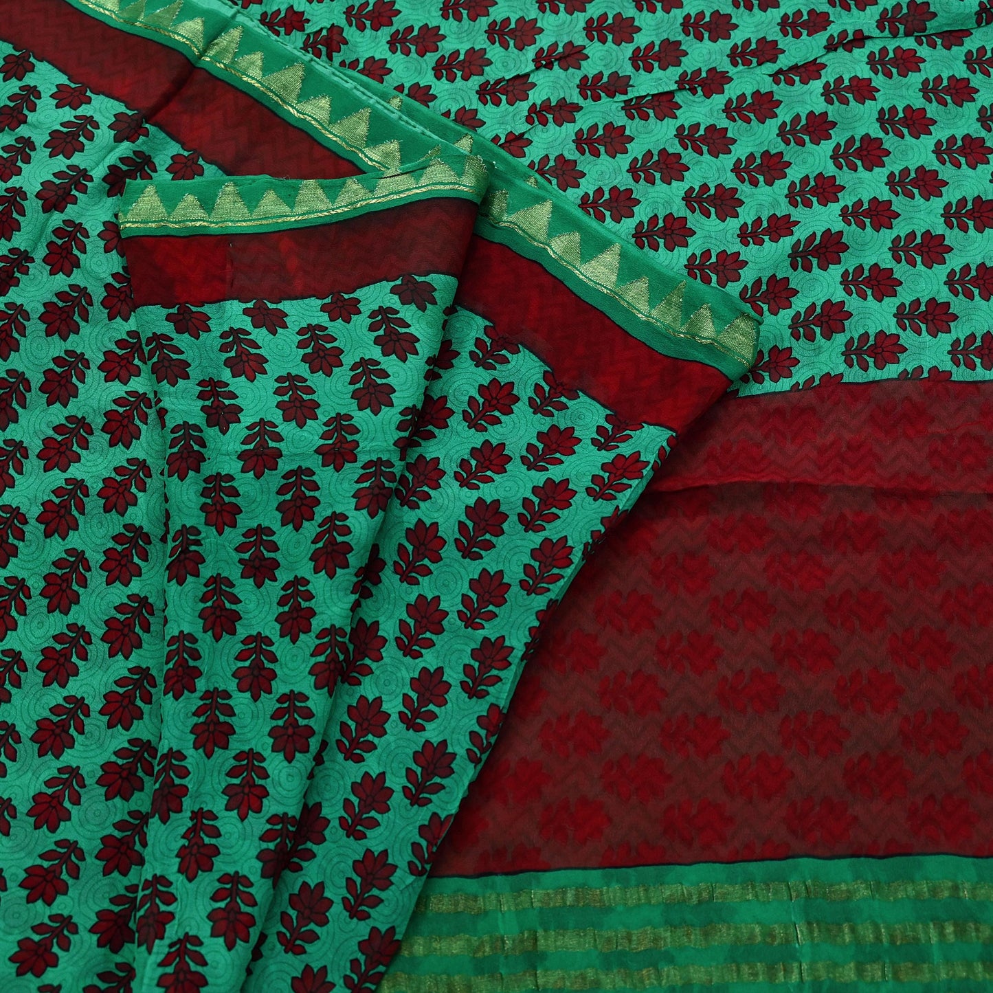 Indian Vintage Sari Green & Maroon Pure Georgette Silk Printed Sarees Craft Fabric Sewing 5Yd Soft Dress Making Crafting Quilting Zari
