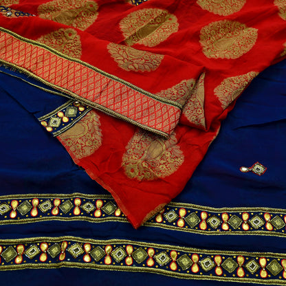Indian Vintage Heavy Sari Red & Blue Pure Georgette Silk Hand Embroidered Sarees Craft Fabric 5Yd Sewing Ethnic