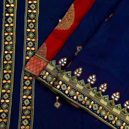 Indian Vintage Heavy Sari Red & Blue Pure Georgette Silk Hand Embroidered Sarees Craft Fabric 5Yd Sewing Ethnic