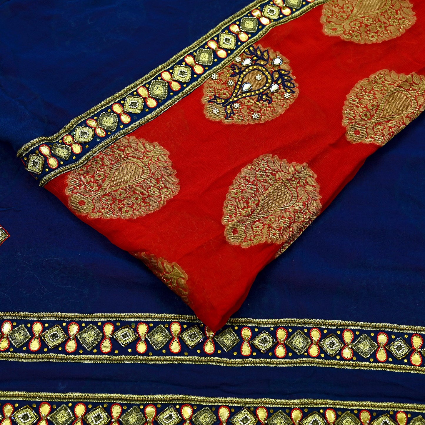 Indian Vintage Heavy Sari Red & Blue Pure Georgette Silk Hand Embroidered Sarees Craft Fabric 5Yd Sewing Ethnic
