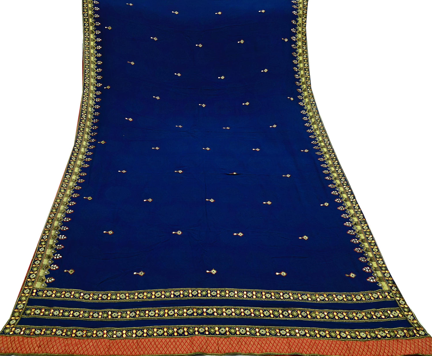 Indian Vintage Heavy Sari Red & Blue Pure Georgette Silk Hand Embroidered Sarees Craft Fabric 5Yd Sewing Ethnic