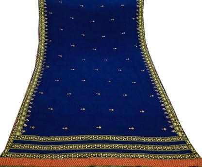 Indian Vintage Heavy Sari Red & Blue Pure Georgette Silk Hand Embroidered Sarees Craft Fabric 5Yd Sewing Ethnic