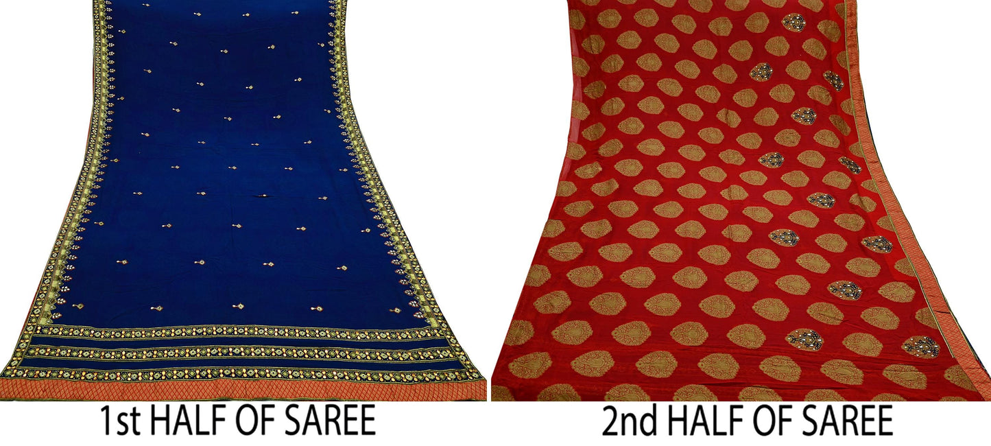 Indian Vintage Heavy Sari Red & Blue Pure Georgette Silk Hand Embroidered Sarees Craft Fabric 5Yd Sewing Ethnic