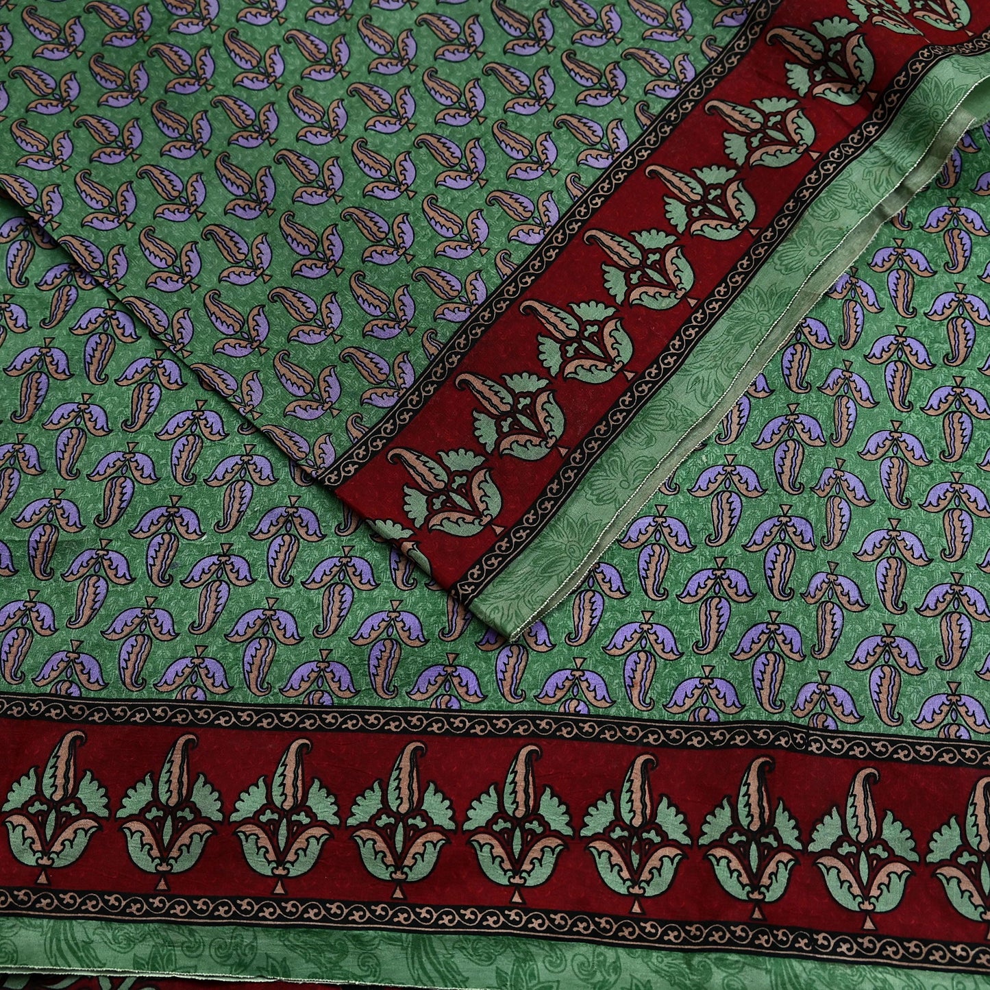 Indian Vintage Sari Maroon & Green Pure Silk Printed Saree Craft Fabric 6yd Sewing Dress Making Soft Floral Dress making Crafting Quilting