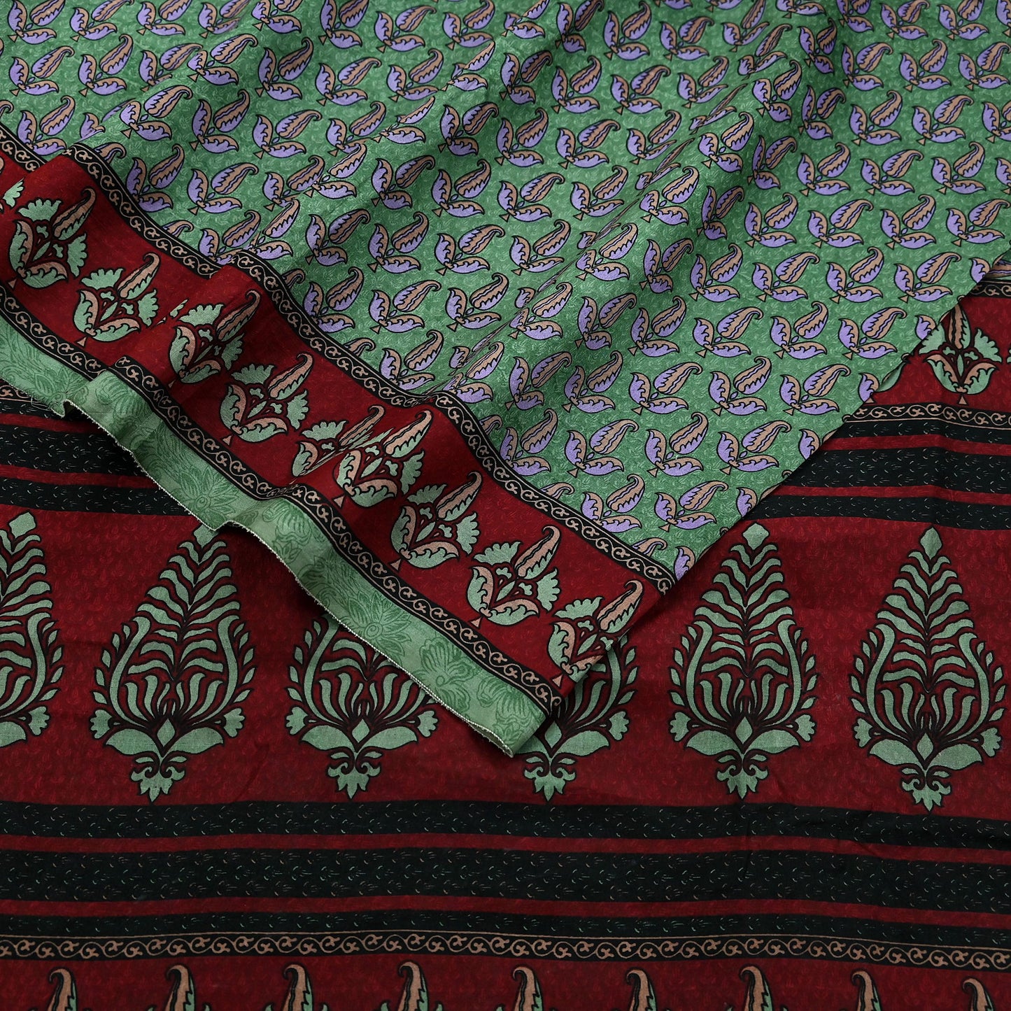 Indian Vintage Sari Maroon & Green Pure Silk Printed Saree Craft Fabric 6yd Sewing Dress Making Soft Floral Dress making Crafting Quilting