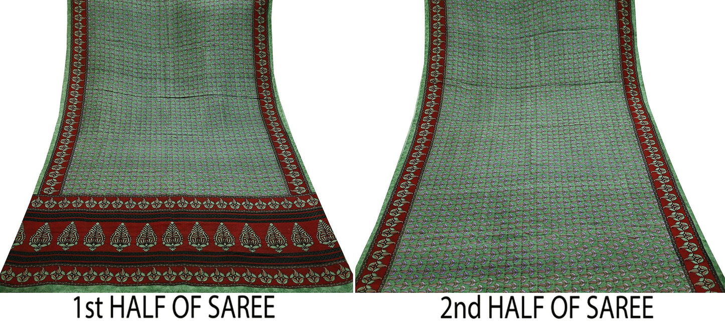 Indian Vintage Sari Maroon & Green Pure Silk Printed Saree Craft Fabric 6yd Sewing Dress Making Soft Floral Dress making Crafting Quilting