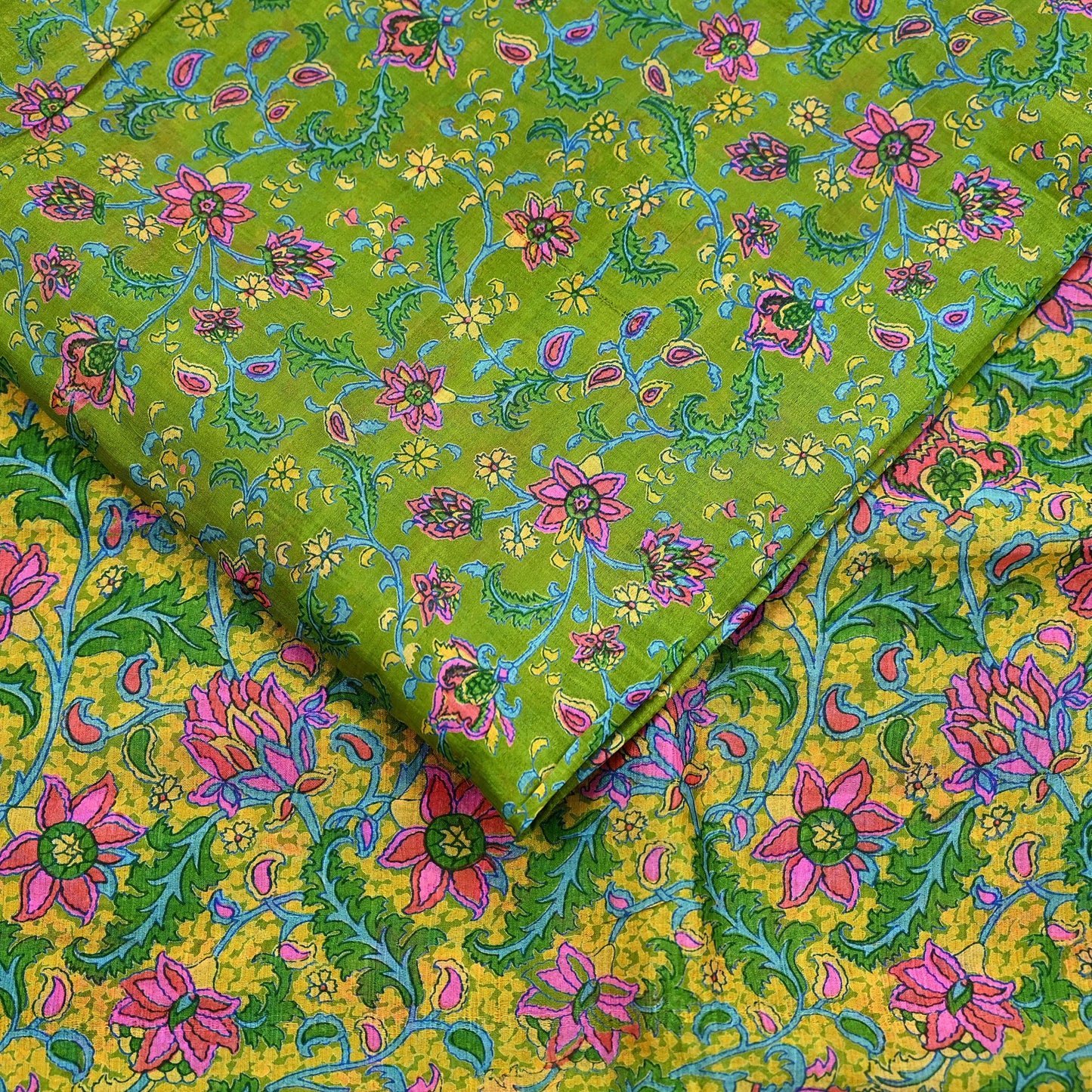 Indian Vintage Sari Green & Yellow 100% Pure Silk Printed Sarees 5yd Sewing Craft Fabric DressMaking Soft Crafting Quilting Upcycle