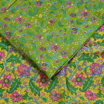 Indian Vintage Sari Green & Yellow 100% Pure Silk Printed Sarees 5yd Sewing Craft Fabric DressMaking Soft Crafting Quilting Upcycle