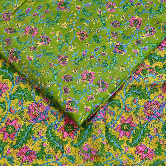 Indian Vintage Sari Green & Yellow 100% Pure Silk Printed Sarees 5yd Sewing Craft Fabric DressMaking Soft Crafting Quilting Upcycle