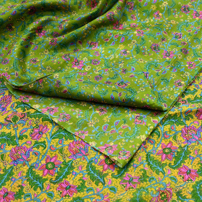 Indian Vintage Sari Green & Yellow 100% Pure Silk Printed Sarees 5yd Sewing Craft Fabric DressMaking Soft Crafting Quilting Upcycle