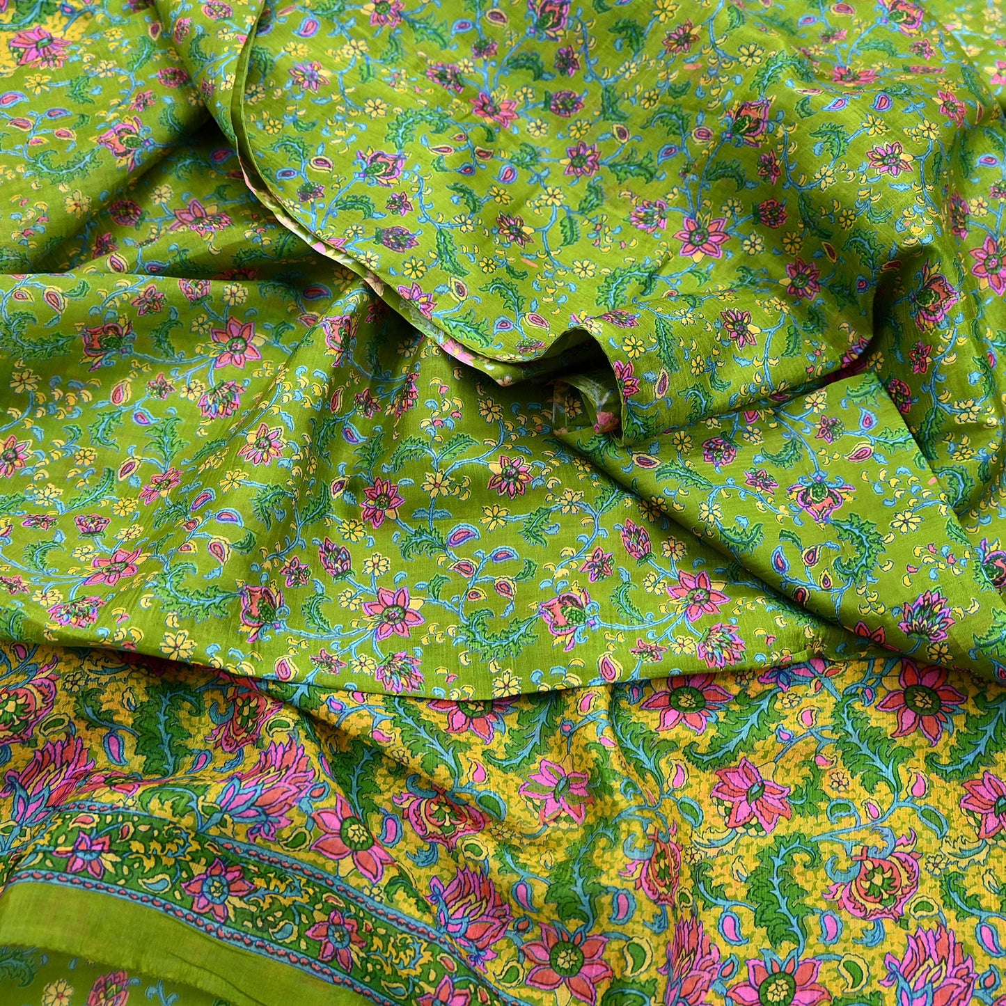 Indian Vintage Sari Green & Yellow 100% Pure Silk Printed Sarees 5yd Sewing Craft Fabric DressMaking Soft Crafting Quilting Upcycle